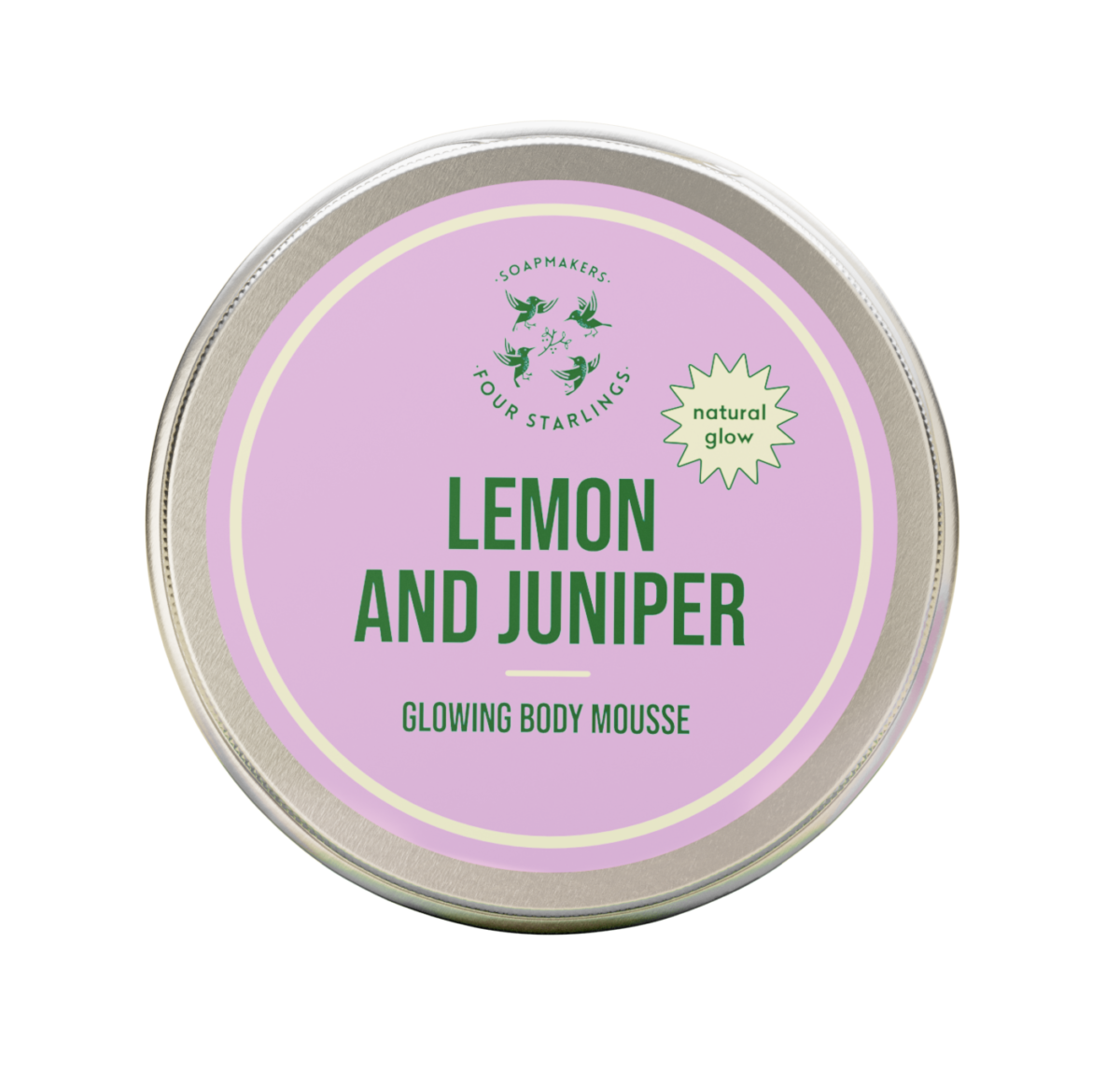 Aliuminė "four starlings" dežutė su levandos spalvos etikete ir žaliu tekstu "Lemon & juniper"